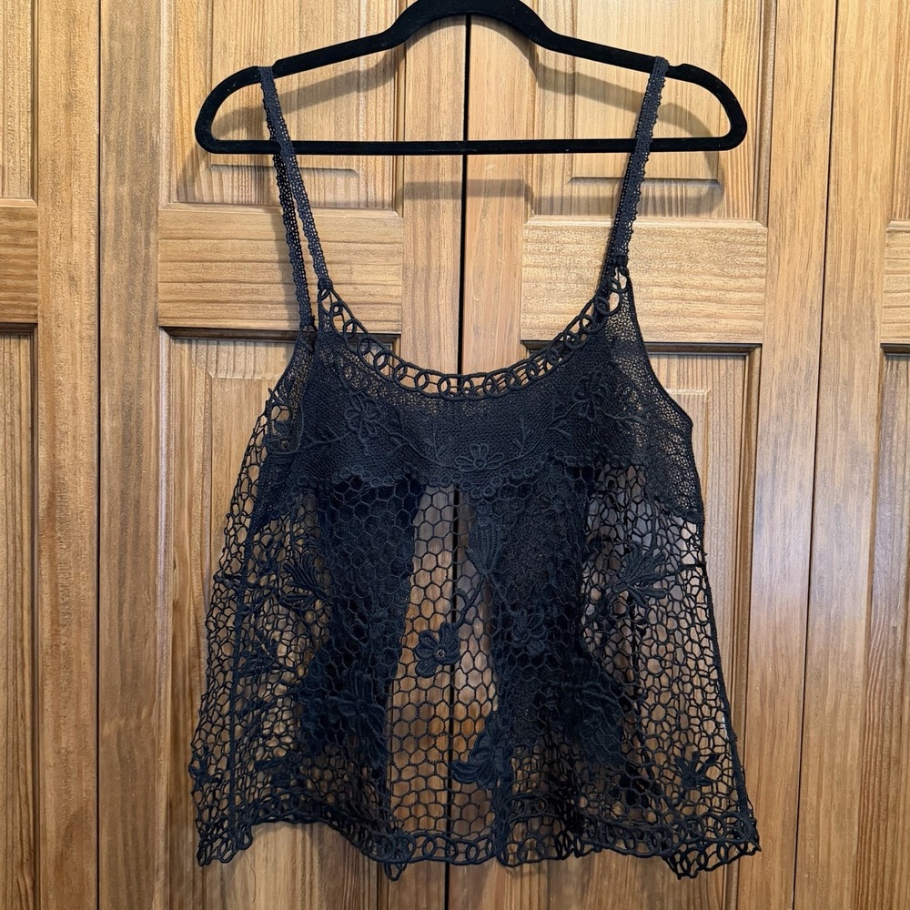 Poof Black Sheer Crochet Lace Boho Swing Tank Top Womens Medium Festival